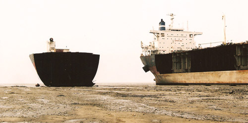 Two vessels on the beach in a Chittagong ship breaking yard
