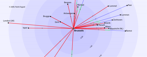 A time travel map with cities relative to Brussels